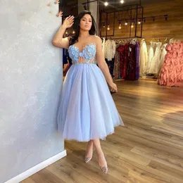 A Line Light Blue Tea Length Evening Dresses Illusion Long Sleeve Celebrity Prom Party Gowns Dubai Robe Soiree Femme