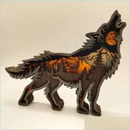 Other Home Decor Wild Wolf Craft 3D Laser Cut Wood Material Home Decor Gift Art Crafts Forest Animal Table Decoration Statues Orname Dhqdv