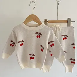 Kleidungssets für 0–3 Jahre Mädchen und Jungen, Anzug mit Kirschmuster, Herbst, Baby, Winter, Strickpullover, Hosen, Säuglingsstrick-Trainingsanzüge