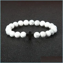 Beaded New Design Armband grossist 10st/Lot 8mm Best Quality White Howlite Stone P￤rlor med Hematite Royal Cross Jesus Armband Dhido