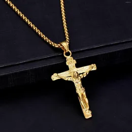 Pendant Necklaces Big Jesus Crucifix Cross Chain Necklace Yellow Gold Filled Classic Women Men Jewelry Gift