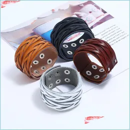 Bangle Weave Braid Wide Cross Leather Bangle Cuff Mtilayer Wrap Button Bracciale regolabile Wristand For Men Women Fashion Jewelry Bl Dhjvu