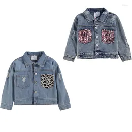 Куртки Focusnorm 1-6y модные детские девочки для девочек джинсовая куртка леопардовый/блестки с принтом с длинным рукавом с длинным рукавом синие синие пальто 2 стиль