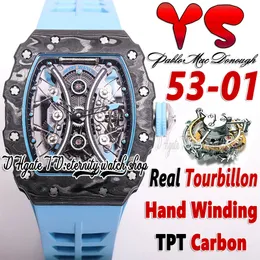 YS YSF53-01 Erkekler İzle Gerçek Tourbillon El Sarım Pablo Mac Donough TPT Karbon Fiber Kılıf Kılıfı Dial Mavi Kauçuk Kayış 2022 Süper Baskı Spor Sonsuzluk Saatleri