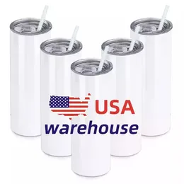 US Stock 25pcs/Carton Water Bottle For Sublimation Blanks Straight Tumbler 20 oz Stainless Steel Double Wall Insulated Slim Cup with Lid and Straw