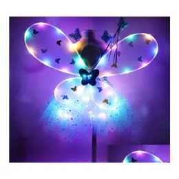 Other Event Party Supplies Girl Led Butterfly Wings Set With Glowtutu Skirt Fairy Wand Headband Princess Light Up Party Carnival C Dhbmx