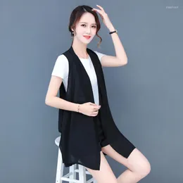Women's Blouses TingYiLi Women Summer Sleeveless Chiffon Cardigan Irregular-Hem Open Front Vest Coat Korean Style Elegant Thin Black