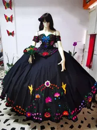 فساتين الأميرة السوداء Quinceanera Vricses Charro قبالة الكتف Vestidos de 15 Anos Sweet 16 عيد ميلاد XV حفلة موسيقية