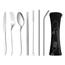 7st/Set Portable Lunch Flatware Set Cotestlar Rostfri Steel Spoon Fork Knife Chopsticks Coger Yoes Kit With Storage Box f￶r camping