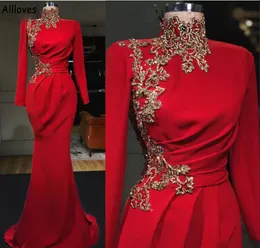 Dubai Saudi Arabia Muslim Red Satin Evening Dresses With Long Sleeves High Collar Elegant Prom Party Gowns Mermaid Gold Lace Appliuqed Second Reception Dress CL1462