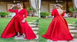 2019 New Red Jumpsuits Prom Dresses 34 Long Sleeves v 넥 공식 이브닝 파티 가운 저렴한 특별 행사 바지 pd608969588
