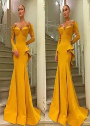 2018 Amazing Ruffles Decory Lengeve Evening Dresses Yellow Sweetheart Full Length Sexy Mermaid Dubai Arabic Prom Dress Party G7845772