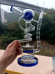 Blue Green Spiral Glass Water Bong Hookahs med rund kulkonstruktion Färgglad oljebrännare Dab Rig Bubbler