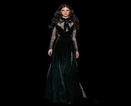 2020 New Elie Saab Dresses Evening Weal Vintage Plus Size Dark Green Vestidos Festa with Sleeves High Neck Fall Lace Dress LO8354424