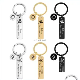 Kluczowe pierścienie ze stali nierdzewnej 12 -gwiazdkowy znak horoskopowy klęcznik Złota Bar Gemini Taurus Virgo Month Key Ring Torba wisi moda biżuteria Dhrx7