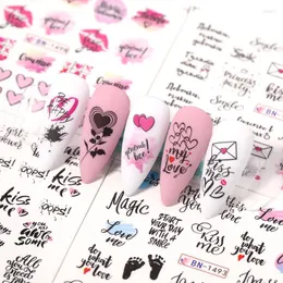 Nagelklistermärken 12st Heartbeat Manikyr Kärleksbrev Blomma skjutreglage för naglar Vattendekaler Konstdekoration Transfer Sticker Tips