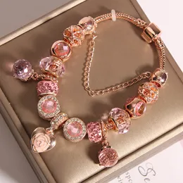 2022 nuovo braccialetto di fascino oro rosa cinque petali di fiori ciondolo rosa vetro di Murano europeo perline fascino cuore perline braccialetto adatto pandora bracciali collana