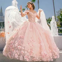 2023 Luxury Quinceanera Ball Gown Dresses Blush Pink Off Shoulder Lace Appliques 3D Floral Flowers Crystal Beads With Cape Sweep Train Plus Size Prom Evening Gowns