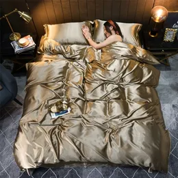 Zestawy pościelowe Zestaw jedwabnych Mulberry z kołdrą z wyposażonym blachy z łóżkiem poduszka luksusowy satynowy para łóżka King Queen Twin Size 221116