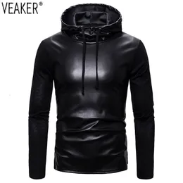 Herren Hoodies Sweatshirts PU Männlich Slim Fit Kunstleder Mantel Schwarz Tops Kapuzenpullover S2XL 221117