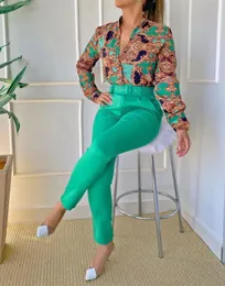 Kadınlar İki Parçalı Pantolon Zarif Setler Kadın Outifits Vintage Office Lady Barok Baskı Düğmesi Uzun Kollu Top İş Seti Kemer 221117