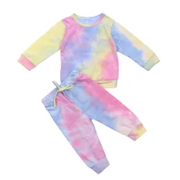 Completi di abbigliamento Neonati Bambini Neonate Cotone a maniche lunghe Tie dye Suit Fresh Girocollo Pullover Top Elastico in vita Pantaloni lunghi Colorati 221118