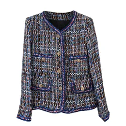 2022 Autumn Blue Contrast Color Contrast Trim Tweed Jacket Long Sleeve Round Neck Buttons Single-Breasted Jackets Coat Short Outwear A2N086415