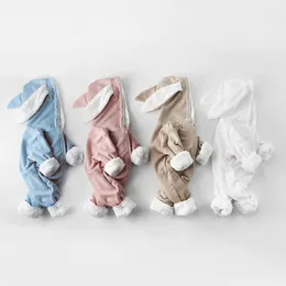 Rompers Winter Baby Born pojkar flickor kläder kanin öron huva jumpsuit spädbarn kostym fleece tjocka pojkar romper pajamas 221117