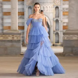 Modern katmanlı mavi gece elbiseler bir omuz tarafı bölünmüş vestido gala novia kristal boncuklu A-line ünlü elbisesi özel günler için