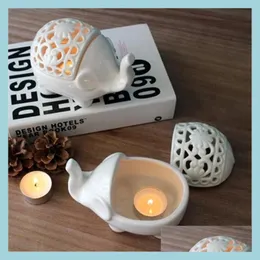 Candle Holders Creative Ceramic Candle Holder Nordic Style Hollow Elephant Stand Elegant Crafts For Home Decoration Drop Delivery Gar Dhboj