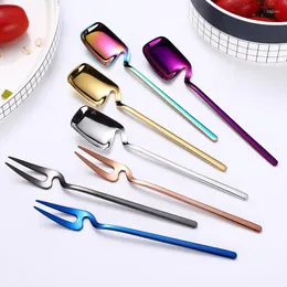 Flatware Sets 2pcs Set Colorful Stainless Steel Cute Fork And Spoon Hang On To Cup Bbq Desert Finger Party Ice Coffee