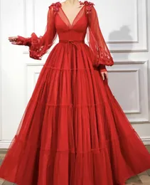 Red Muslim Formal Evening Dress A-Line Long Sleeves Sexy V-Neck Tulle Islamic Dubai Saudi Arabic Gown Prom Dresses robes de soiree