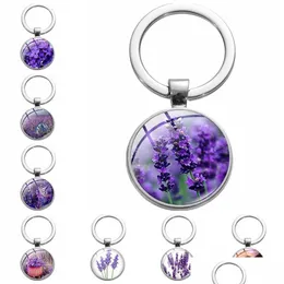 Key Rings Lavender Glass Cabochon Key Rings Metal Picture Keychain Handbag Hangs For Women Children Fashion Jewelry Drop Delivery Dh4Mt