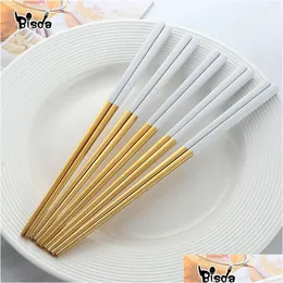 Chopsticks 5 Pairs Chopsticks Stainless Steel Titanize Chinese Gold Chopsitcks Set Black Metal Chop Sticks Used For Sushi Dinnerware Dhvqi