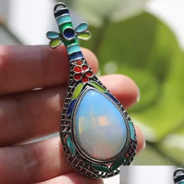 Pimler broşlar pimler broşlar farlena vintage jewely doğal opal semiprious taş rozetler Çin tarzı emaye mönen kadınlar için dhwvq