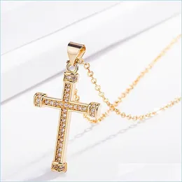 Pendant Necklaces 24K Gold Diamond Jesus Cross Necklace Pendant Crystal Row Necklaces Women Men Fashion Jewelry Drop Delivery Pendant Dhg6X