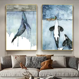 Orca Aquarellmalereimalwal Wale SeelaScape Wandkunst Bilder Poster und Drucke Malerei Cuadros Kunstwerke für Wohnzimmer Wohnheimdekor2706