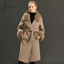 Women's Wool Blends Cashmere Coat Spring Real Fur Collar en Trench Jacket Winter Adjustable Waist Slim Ladies Long Overcoat 221117