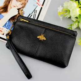 Wallet 100% Genuine Leather Women's Fashion Zippers Bag Long Coin bee Purse Wristband Female Clutch Ladies Real s 221030