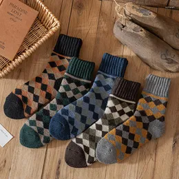 Men's Socks Retro Rhombus Plaid Men Thick Warm Cotton Sock For Man Comfortable Long Classic Simple Soft Autumn Winter Casual