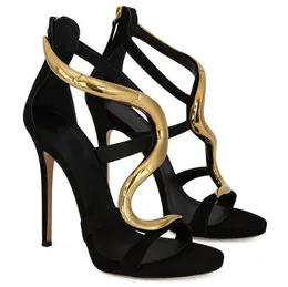 Elegant Sandals Summer Luxury Veener Gold Metal Metal Snake Женская невеста свадебная невеста стройные высокие каблуки Гладиатор