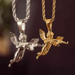 hiphops m￤n smycken cupids h￤mnd ￤ngel h￤nge 18k guld rep kedja 316l stainls st￥l 3d ￤ngel med pistolhalsband A22255W