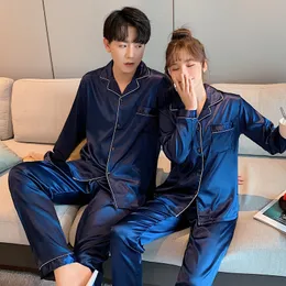 남성 잠옷 남성 실크 새틴 솔리드 컬러 잠옷 세트 커플 롱 버튼 다운 잠옷 홈 슈트 피자 마 여성 Loungewear 플러스 사이즈 Pjs 221118