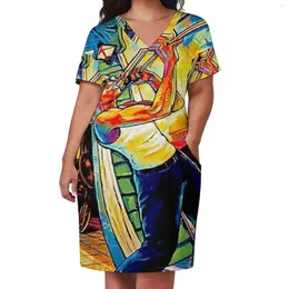 Платья плюс платья джазовые фестивали Art платье v Neck Orleans Music Kawaii Street Wear Print Casual с карманами 3xl 4xl