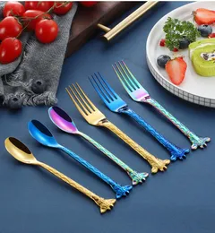 Flatware Sets 2pcs Set Colorful Stainless Steel Dessert Spoon Fork Giraffe Deign Kids Dinner And Dinning Animal