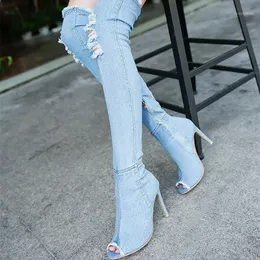 Boots Women Pumps Quality Denim Knee High Heel Fashion Sexy Open Sock Hip Zipper Side Winter Shoes
