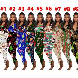 Kvinnor Jumpsuits Slim Sexy Fashion Home Wear Christmas Pyjamas Tryckt V Neck Long Sleeve Pants Ladies New Tight Rompers