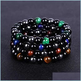 حبلا من الخرز Threecolor Hematite Tiger Eye Black Onyx Bracelet Natural Stone Bead Bracelets Wristband for Men Women Fashion Jewelry Dhtlx