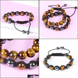 Charm Armband Nya grossist 10st/Lot Fashion Mens Woven Armband H￶gkvalitativ 10mm Hematit och Tiger Eye Stone Bead Jewelry Drop Dhmao