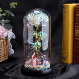 Fiori decorativi Galaxy Rose Glass in cupola LED Stringa luminosa sul cristallo Regali unici per le donne San Valentino